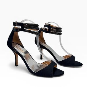 Badgley‎ Mischka Black Crystal Ankle Strap Sz 10 Satin Evening Sandals Heels